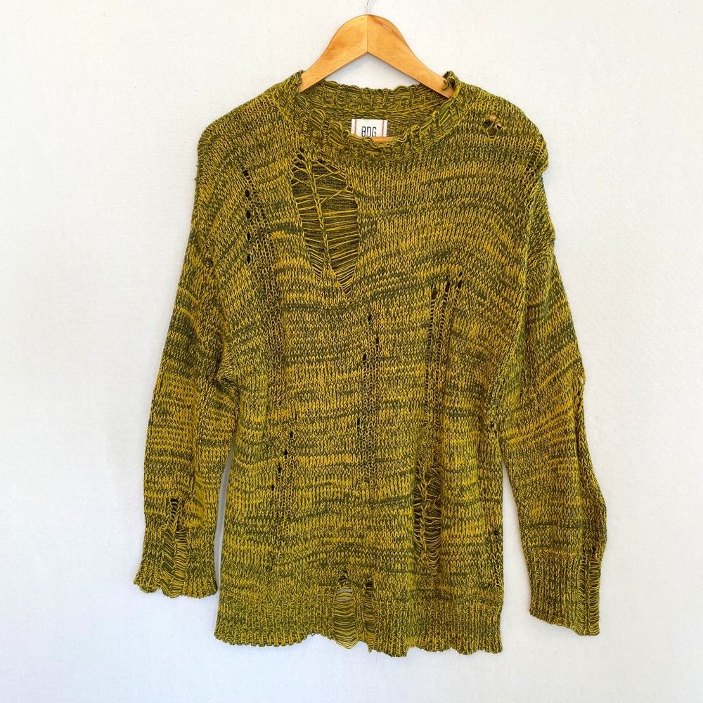 BDG Women's XS Distressed Crew Neck Chartreuse Olive Tunic Length Sweater